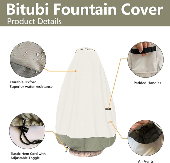 Bitubi Fountain Cover（52"x68"） 600D Oxford Cloth Garden Fountain Statue Protective Cover with Drawstring Waterproof Windproof Fountain Protector