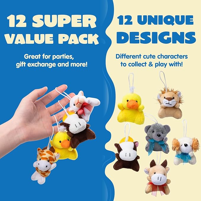 JOYIN 12 Pack Random Mini Animal Plush Toy Assortment (12 Units 3" Each),Bulk Stuffed Animals for Kids, Small Animals Plush Keychain Decoration, Carnival Prizes, Christmas Goodie Bags & Party Favors