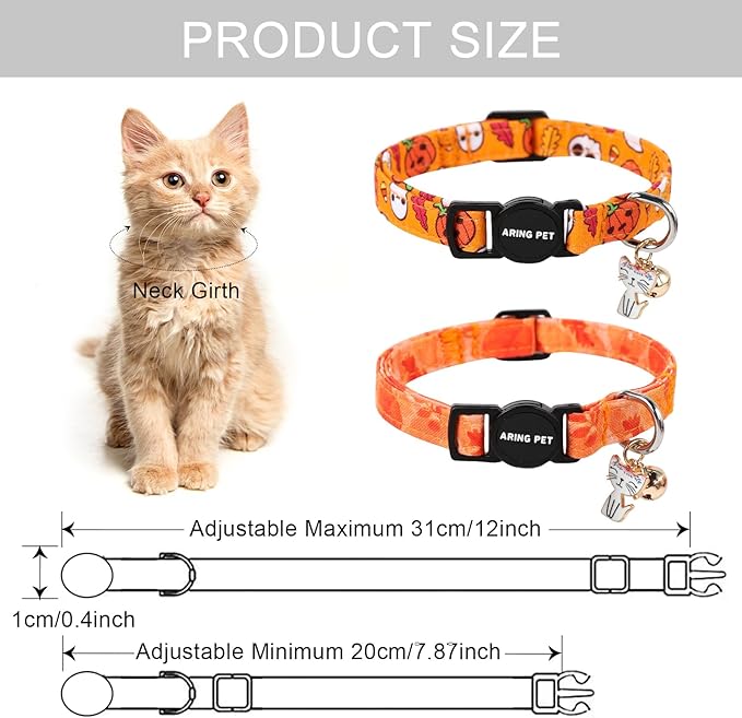 ARING PET 2 Pack Fall Cat Collars-Cute Cat Collar Breakaway with Bell & Pendant, Adjustable Fall&Halloween Kitten Collars with Safety Buckle for Girl and Boy Cats