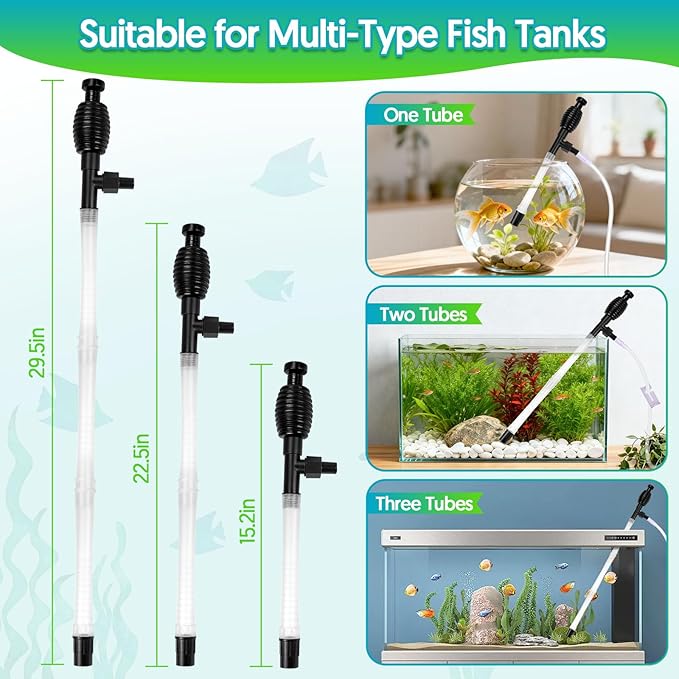 Fish Tank Cleaner Gravel Vacuum for Aquarium Water Changer Aquarium Siphon with Double Sided Sponge Brush Algae Scraper Fish Tank Cleaning Kit for Cleaning Gravel & Sand (Black)