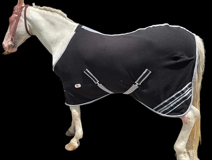 Majestic Ally Anti Pill Fleece Horse Blanket/Sheet with Silver Braided Rope (Black, 80)