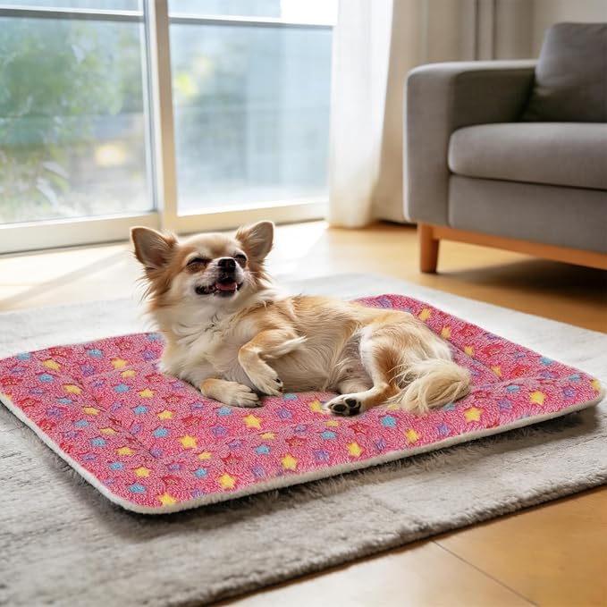 Mora Pets Dog Bed Crate Pad Ultra Soft Pet Bed with Cute Star Print Washable Crate Mat for Large Medium Small Dogs Reversible Fleece Dog Crate Kennel Mat Cat Bed Liner 21 x 12 inch Pink