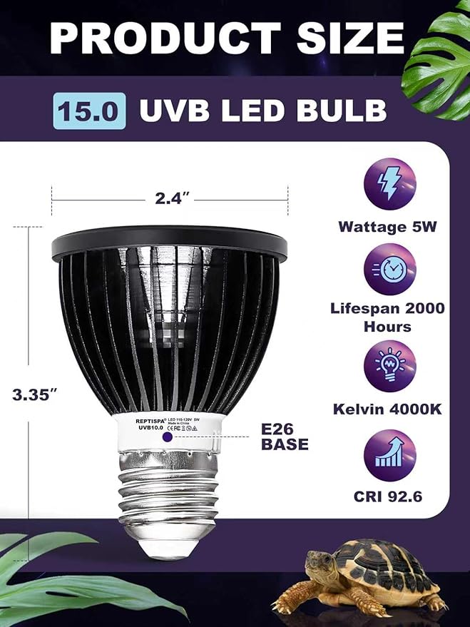 LED UVB Light for Reptiles, 5W 15.0 LED UVA UVB Lamp, Reptile UVB Bulb for Bearded Dragon Lizard Gecko Snake Turtle, Provide Sufficient UVB Exposure Tropical & Desert Reptiles
