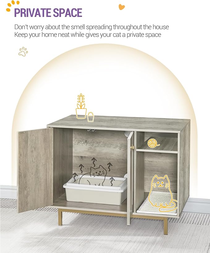 Cat Litter Box Enclosure Enclosed, Hidden Litter Box Cabinet Furniture with Storage, Wooden Indoor Cat House Large, Modern End Table for Living Room Entryway, Greige and Gold CB01505G