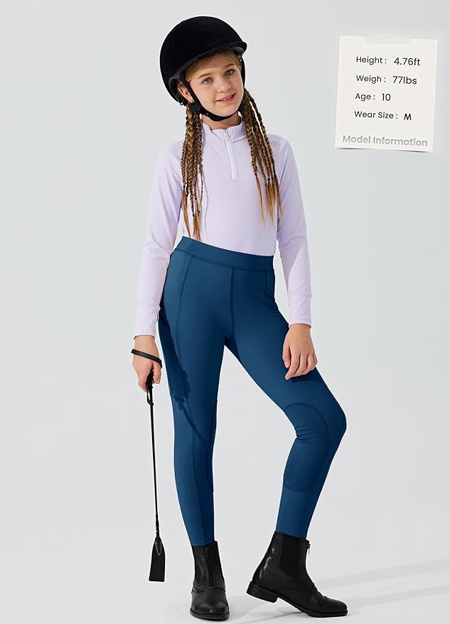 Willit Girls Horse Riding Pants Tights Kids Equestrian Breeches Knee-Patch Youth Schooling Tights Zipper Pockets