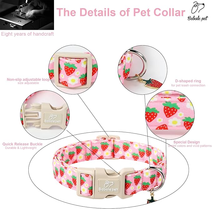 Cute Spring/Summer Dog Collar, Adjustable Pink Strawberry Dog Collars for Puppy Small Dogs, Lightweight Quick-Release Buckle Collar for Boy&Girl Dogs XS