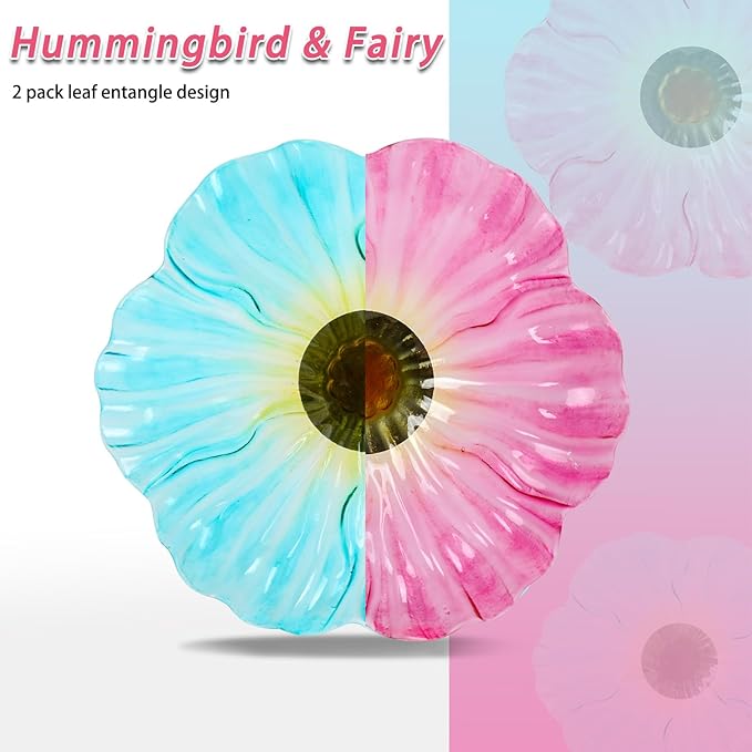 MUMTOP Bird Baths for Outdoors, 2 Pack Glass Bird Bath Stake, Hummingbird and Fairy Birdbaths & Support with Leafs, Bee Baths for Garden, Outside, Lawn, Outdoor Decor (Blue,Pink)