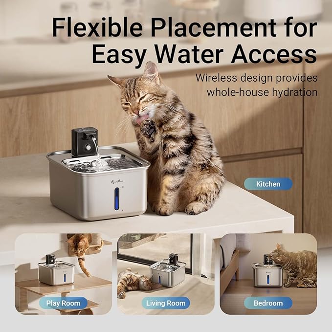 DownyPaws Cat Water Fountain Stainless Steel Wireless, 101 oz/3L FurSink Cordless Water Fountain for Cats, Battery Operated Cat Fountains for Drinking with Motion Sensor, Easy Clean, Metal