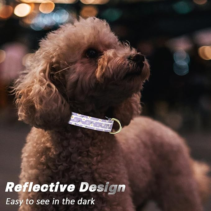 Reflective Dog Collar for Medium Dogs, Cute Flower Theme Adjustable Heavy-Duty Nylon Puppy Collar for Boy and Girl Female, Soft Pet Accessories with Quick Release Buckle, Purple White