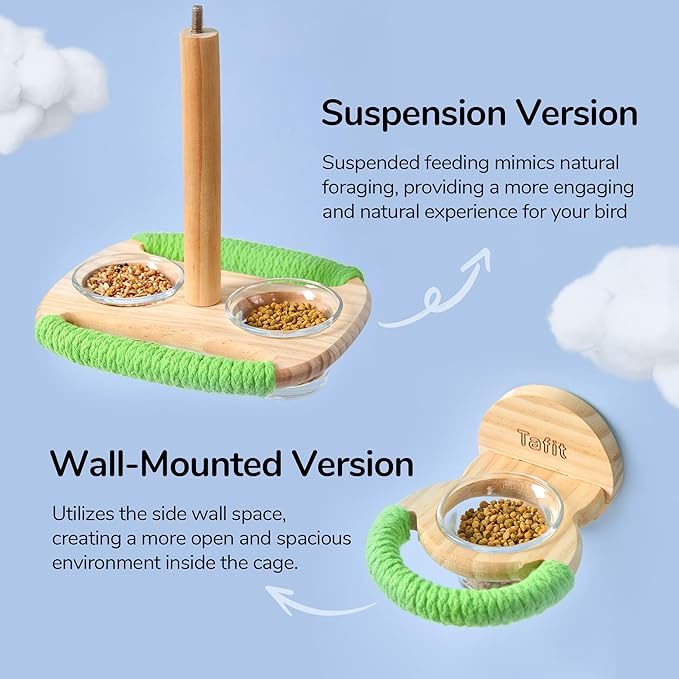 Bird Feeder & Perch – Includes Cotton Rope Perch and 2 Glass Feeding Cups – Cage Accessory for Cockatiels, Budgies, Lovebirds, Conures, Canaries, Finches, and Small Parrots