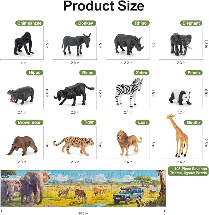 Safari Animals Figures Toys,12PCS Realistic Wild Zoo Animal Figurines Sensory Toys Plastic African Jungle Animals Playset and 108PCS 29.5'' Jungle Jigsaw Puzzles Toy for Kids Toddlers