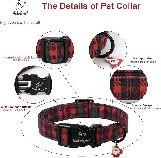 Christmas Dog Collar for Medium Dogs - Vintage Red Green Tartan Christmas Collars for Dogs, Soft Adjustable Winter Holiday Dog Collars with Quick Release Buckle M
