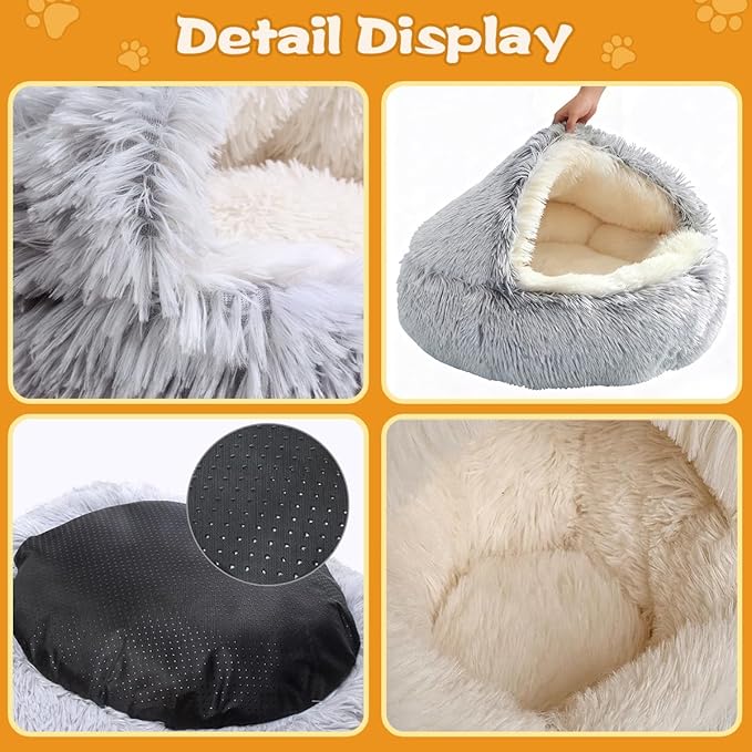 ShinHye Round Plush Fluffy Hooded Cat Bed Cave, Cozy for Indoor Cats or Small Dogs, Waterproof Bottom, Washable（30 in）