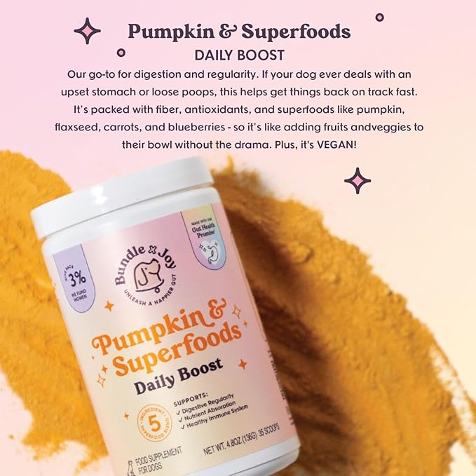 Bundle x Joy Superfoods with Pumpkin for Dogs Daily Boost, Vegan Digestive Support, Gut Health for Dogs, Supports Stomach Upset & Loose Stools, Dog Supplements Made in USA - 35 Scoops
