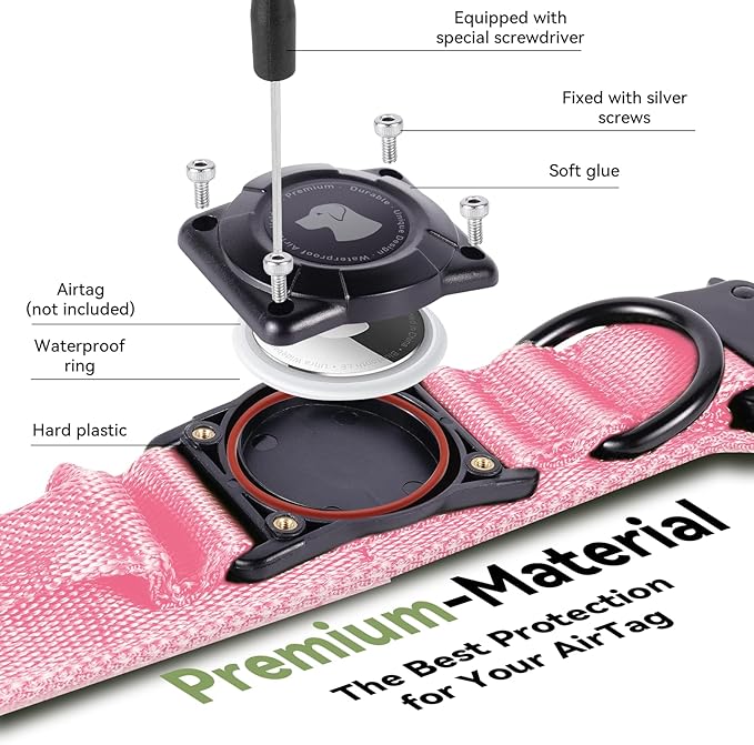 2025 Upgrade Waterproof AirTag Dog Collar, Military Tactical Dog Collar with AirTag Holder, Comfortable Control Handle and Metal Buckle, GPS Dog Collar Holder for Medium to Large Dogs (Pink, M)