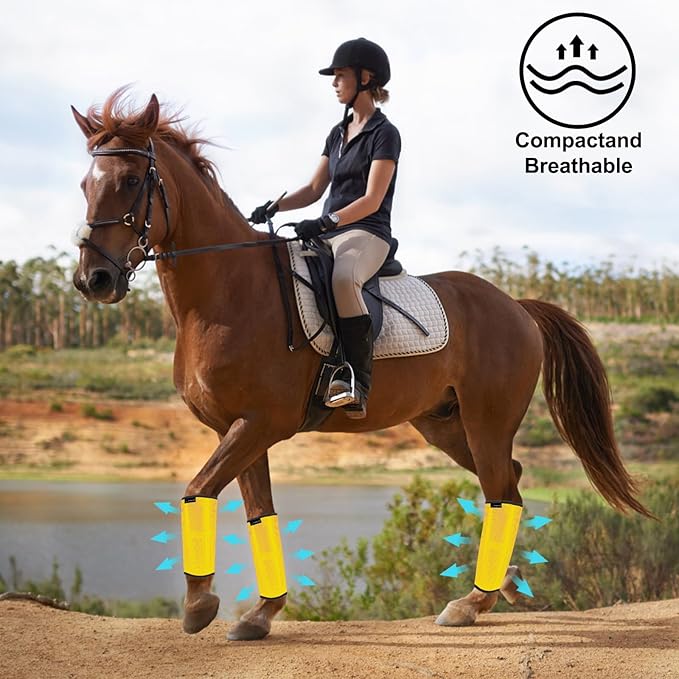 FOXLVDA Horse Fly Boots - Fly Boots for Horses Set of 4, Comfortable Horse Leggings, Mesh Material Design with Metal Support Bars for Reduces Stomping & Leg Fatigue (Yellow, Medium)