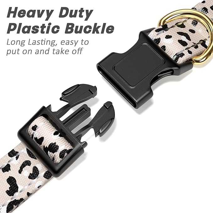 Reflective Dog Collar for Large Dogs, Cute Leopard Style Adjustable Heavy-Duty Nylon Puppy Collar for Boy and Girl Female, Soft Pet Accessories with Quick Release Buckle, Beige