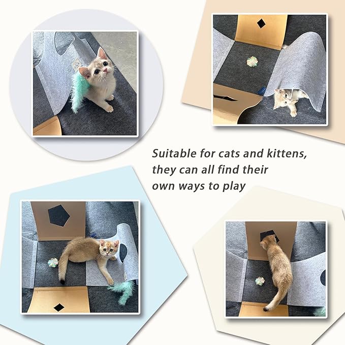 Cat Toys Tunnel for Indoor Cats,4-Way Felt Cat Tunnel Play Mat with Feathers & Bell 6 Pcs Interactive Cats Enrichment Toys Set Foldable Kittens Cave Hideout for Pet Hide & Seek