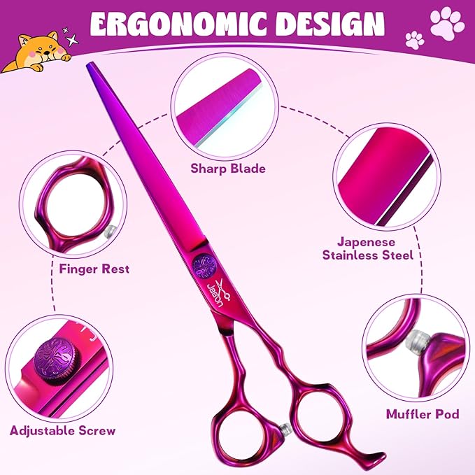 JASON Dog Grooming Scissors Set - Professional 6 in 1 Dog Shears Set - 7" Curved Thinner, 7" Straight, 7" Up-Curved, 7" Down-curved Scissors and Comb for Dog Cat Pet with Adjustable Screw