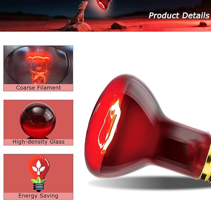 60W Compact Red Infrared Heat Lamp Bulb – Provides All-Day Heating to Support Metabolism, Digestion & Appetite, Basking Spot Light for Reptiles, Lizards, Terrarium & Brooder Heater, 2.5"