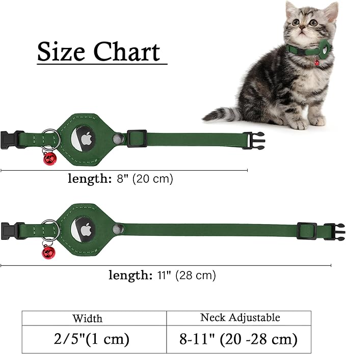 Breakaway Airtag Cat Collar with Removable Bell - Leather Pet Collar with Apple Air Tag Holder - Adjustable GPS Collars for Girl Boy Cats Kitten Puppy - Lightweight, Cute and Comfortable (Emerald)