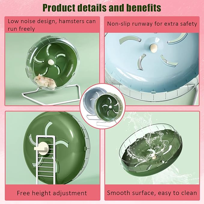 Hamster Wheel Silent, 8.3 Inch Large Gerbil Hedgehog Wheel, Adjustable Stand Quiet Spinner Syrian Hamster Running Wheels for Chinchilla Dwarf Pet Small Animals Cage Exercise, Green