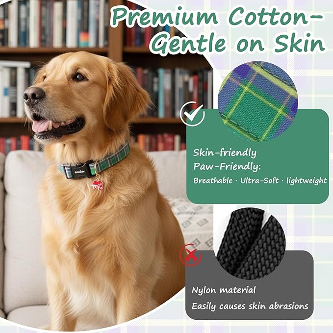 Dog Collar with Dark Green Striped Checkered for Spring Summer, Adjustable Cotton Puppy Collar for Small Medium Large Girl Boy Dogs-M