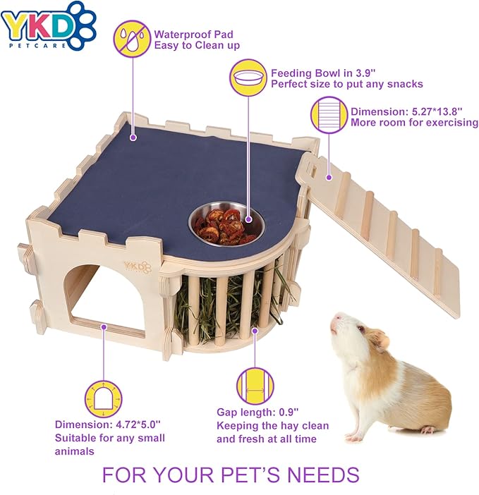 Large Guinea Pig Castle, Natural Wood Rabbit House with Ladder and Hay Feeder, Small Animal Hideout for Rabbit, Guinea Pig, Chinchilla, Hedgehog