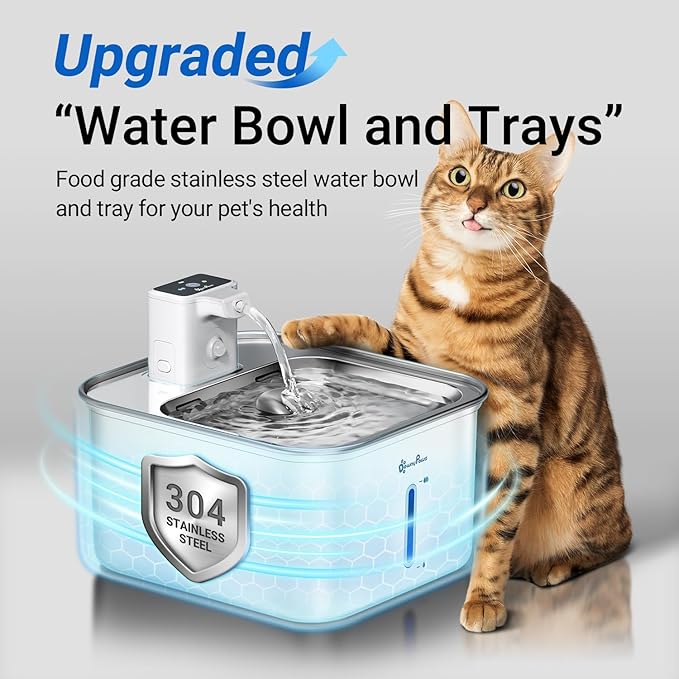 DownyPaws Cat Water Fountain Stainless Steel Wireless, 101 oz/3L FurSink Cordless Water Fountain for Cats, Battery Operated Cat Fountains for Drinking with Motion Sensor, Easy Clean, White