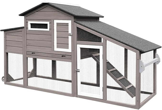 Chicken Coop with Wheels, Weatherproof Outdoor Chicken Hen Houses with Run, 2 Story Wooden Poultry Coops Rabbit Hutch for 2-3 Chickens Bunny with Leakproof Tray, Nesting Boxes, Ramp
