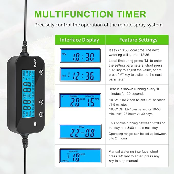 Reptile Mister System with Timer, Reptile humidifier with 6 Spray nozzles,self-Priming Pump Low Noise， misting System for Reptiles of Amphibians, Tanks, Paludarium