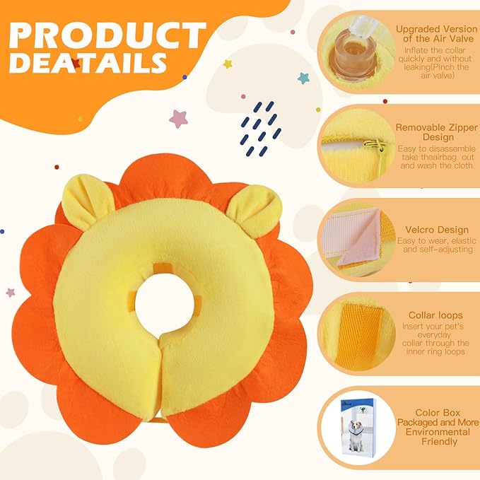 IEUUMLER Inflatable Recovery Dog Collar, Protective Donut Cone, Adjustable Soft Collar for Dog and Cat After Surgery Prevent from Biting & Scratching EU002 - Orange Lion L+