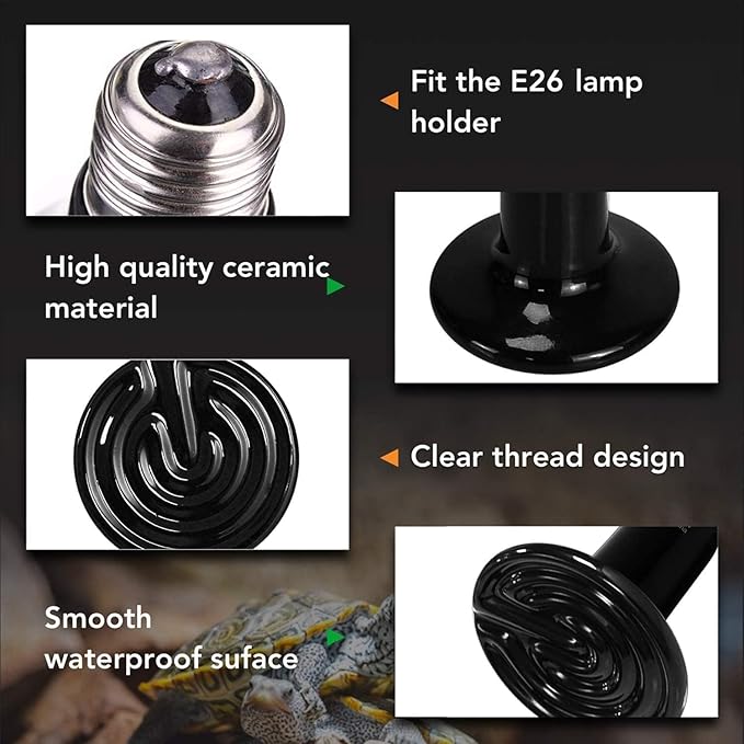 Simple Deluxe 2-Pack 75W Ceramic Reptile Heat Lamp Bulb & 150W Clamp Light with 8.5" Aluminum Reflector Combo for Amphibian Pets