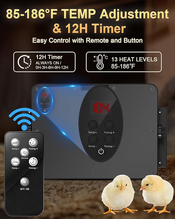 Chick Brooder Heater with Adjustable Temp (86~194℉) & 12H Timer & Height & Angle, Rapid-Heating Heat Plate for Chicks with Remote Control, 16"x12" for 30 Chicks, Brooder Plate for Young Poultry