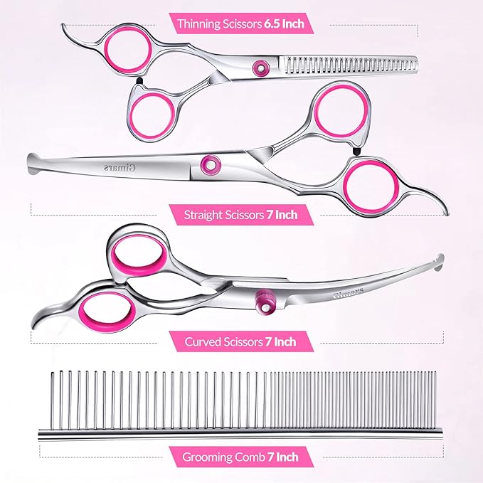 Gimars Dog Grooming Scissors Kit Professional 4CR with Safety Round Tip, 5 in 1 Heavy Duty Titanium Coated Thinning & Curved & Straight Shears