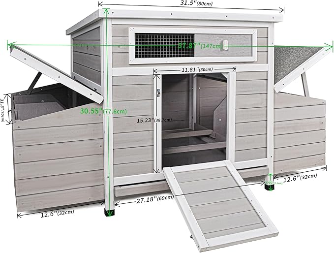 58”Solid Wood Chicken Coop for 3-4 Chickens,Outdoor Hen House Poultry Pet Hutch with Run Cage and 2 Sides Nesting Box,Waterproof Asphalt Roof Ramp,Removable Tray Wire Fence for Backyard