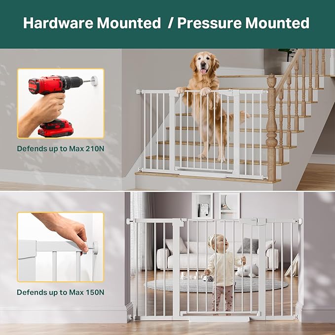 Cumbor 2 Pack 29.7"-51.5" Extra Wide Baby Gate for Stairs, Easy Wall Through Dog Gates for Doorways, Pressure Mounted Pet Gate Indoor, Safety Auto-Close Child Gate for Kids with 4 Wall Cups, White