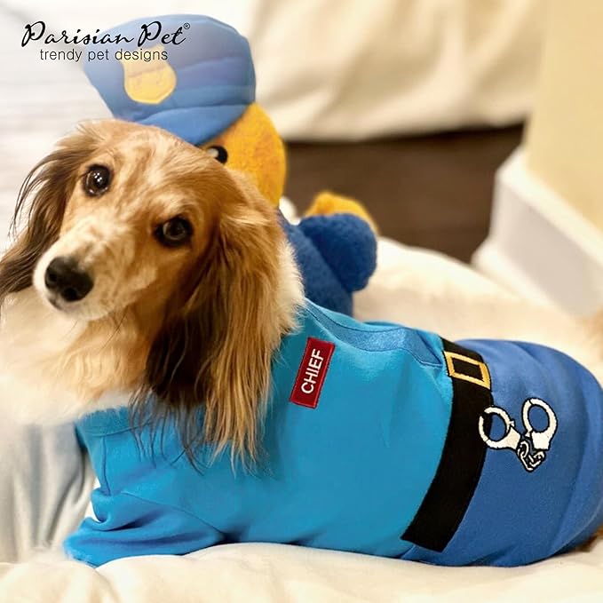Parisian Pet Sleeved Cop Costume - Embroidered Police Dog Shirt - Blue Cotton & Polyester Sleeved Cop Costume for Large Dogs