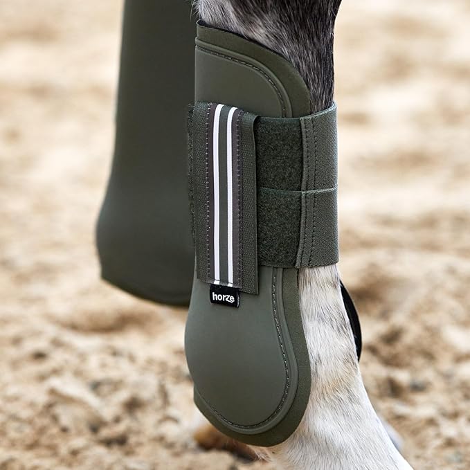 HORZE Adepto Open Front Tendon Boots | Durable Shell with Neoprene Lining - Beetle Khaki Green - Horse