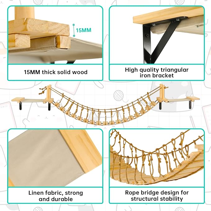 Calmbee Cat Wall Shelves - 70" Cat Bridge Hammock Tree with Mounted Perch & Cloud Shelf