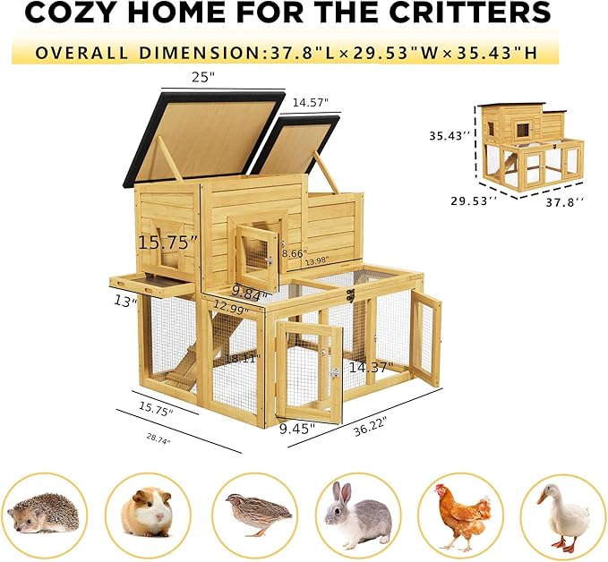 Chicken Coop Outdoor Wooden with Waterproofing Roof, Runways, Pull-Out Trays and Openable Top for Poultry Cage (Yellow)