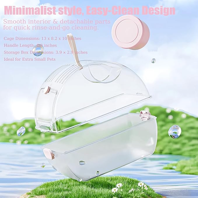 Small Portable Hamster Cages,13×8.2×10.8 Inch Hamster Carrier with Water Bottle,Dwarf Hamster Travel Cage with Storage Box,360º Transparent Acrylic Pet Travel Carrier Cage,Outdoor Animals Carry(Pink)