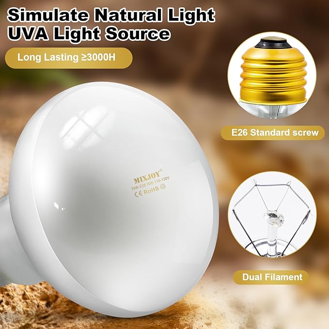 MIXJOY 75W Reptile Heat Lamp Bulbs, 2Pack Heat Lamp Bulbs for Reptiles Basking Bulbs UVA Daylight Basking Light Amphibians Heating Lamp Emitter for Lizard, Tortoise, Bearded Dragon Gecko, Chicken