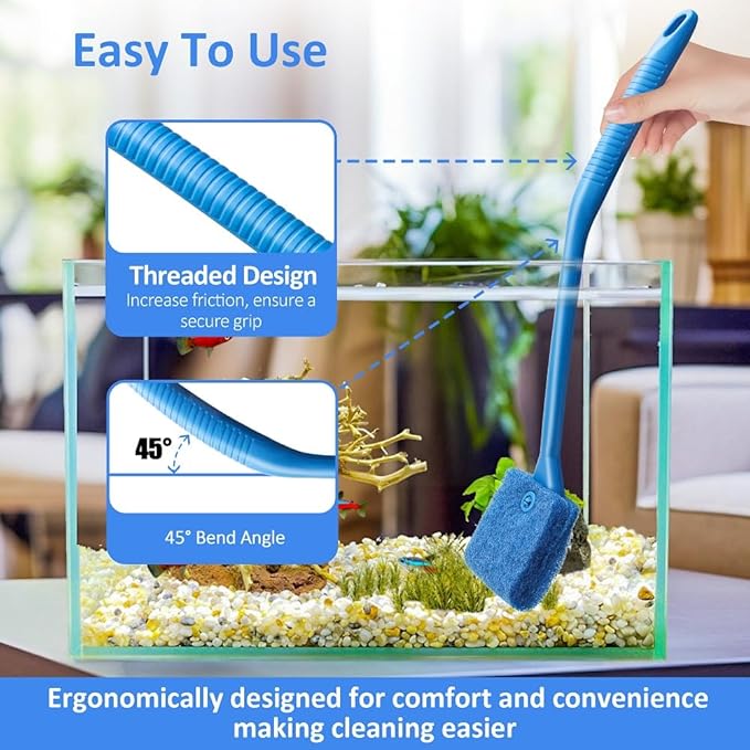 Fish Tank Cleaner with Five Sided Sponge Brush and Long Handle Aquarium Scrubber Alage Scraper for Glass Aquariums Terrarium Home Kitchen