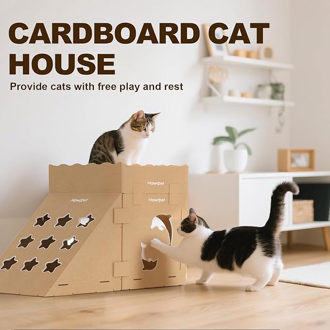DIY Cardboard Cat House with Scratching Pad, Cat Tower Indoor Play House, Versatile Cardboard Cat Tunnel Box for One or More Pets, Indoor Use Rabbit Hideout Cave Castle Brown, 6 Parts