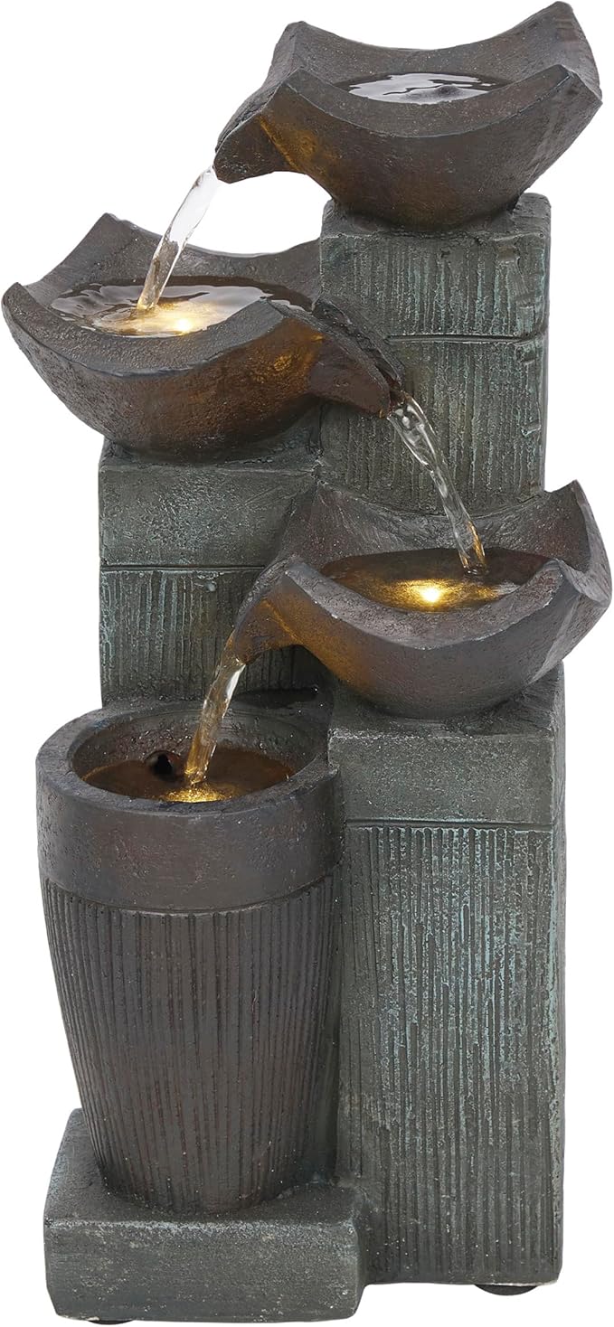 Alpine Corporation TZL414 14" 4 Tier Squared Bowls Fountain with LED Lights, Elegant Tabletop Water Feature for Home, Office, Living Room, Bedroom & Desk Decor, Gray