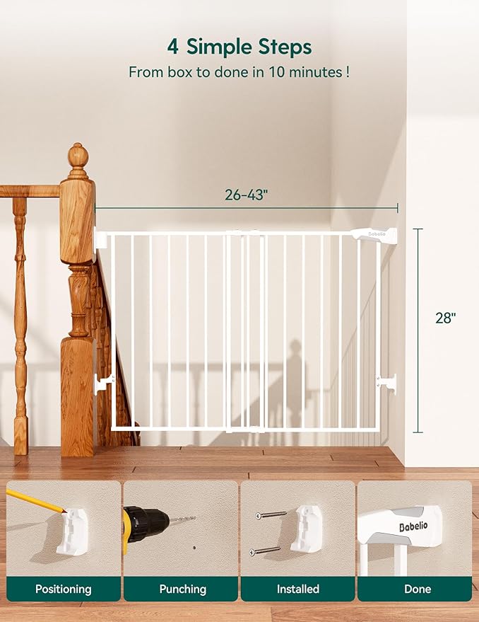Babelio Baby Gate for Stairs, Kitchen & Doorways, No Bottom Bar| Easy Install| One-Handed Operation| Auto-Close| Hardware Mount Safety Dog Gate (White - B17, 34" H, 26-43" W-Standard 2 Pcs)