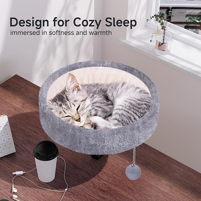 Cat Desk Bed - 360° Rotating & Adjustable, Supports 44 lbs, Soft Faux Fur with Dual-Sided Reversible Mat, Modern Indoor Cat Nest Furniture for Office Desks and Game Tables, Island Table