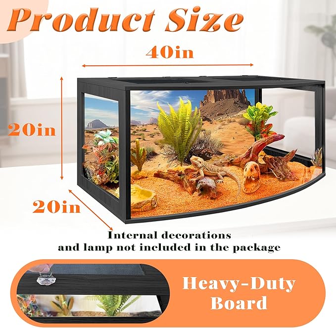 PROLEE Bearded Dragon Tank, Curved Reptile Enclosure with 3-Side Clear Acrylic Panels, Spacious Lizard Tank with Metal Mesh Top and Lockable Door for Reptile Habitat (Black, 40" Length,60 Gallons)