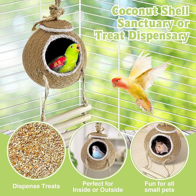 Tfwadmx Coconut Hide with Ladder, Natural Coconut Fiber Hanging Birdhouse Cage, Handmade Sisal Rope & Coconut Bird Shell Breeding Nest for Parrot Parakeet Lovebird Finch Canary (2 Pcs Brown)